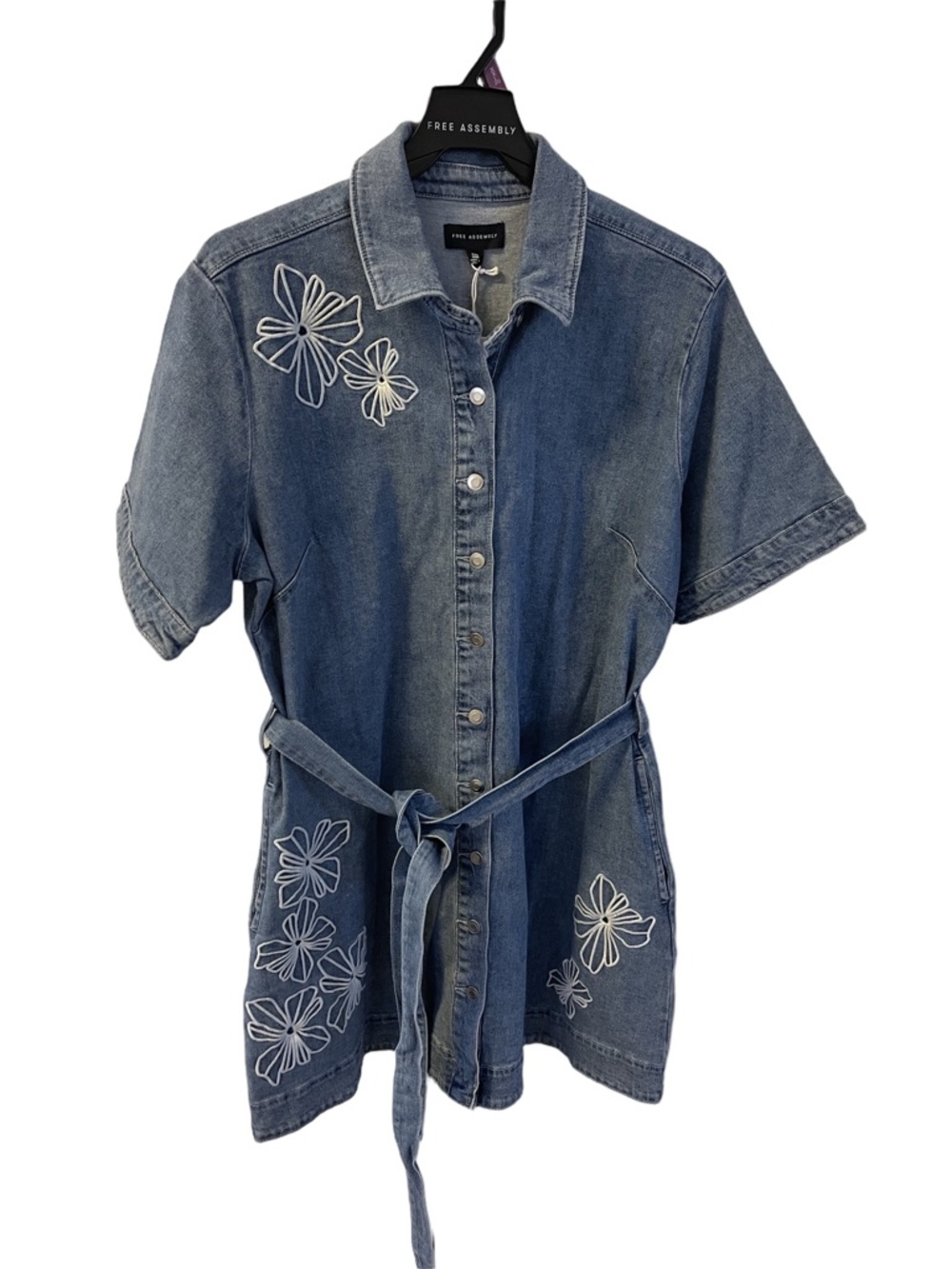 Free Assembly Embroidered Denim Shirt Dress Blue with White Floral w/Belt Sz XXL